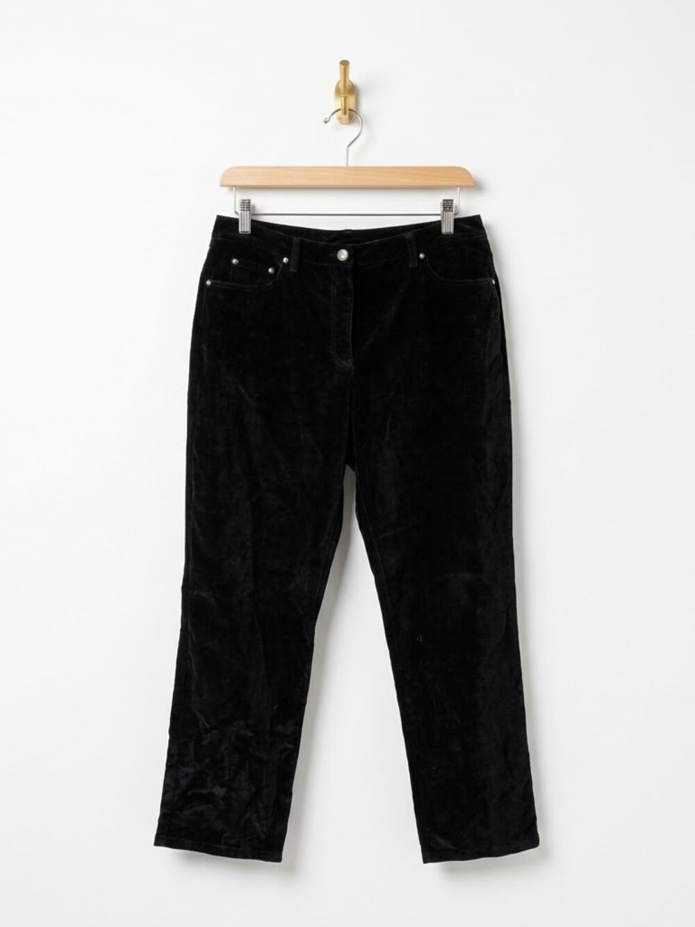 Black Velvet Straight Leg Pants Size 14 Petite 5 Pocket Studded Trousers